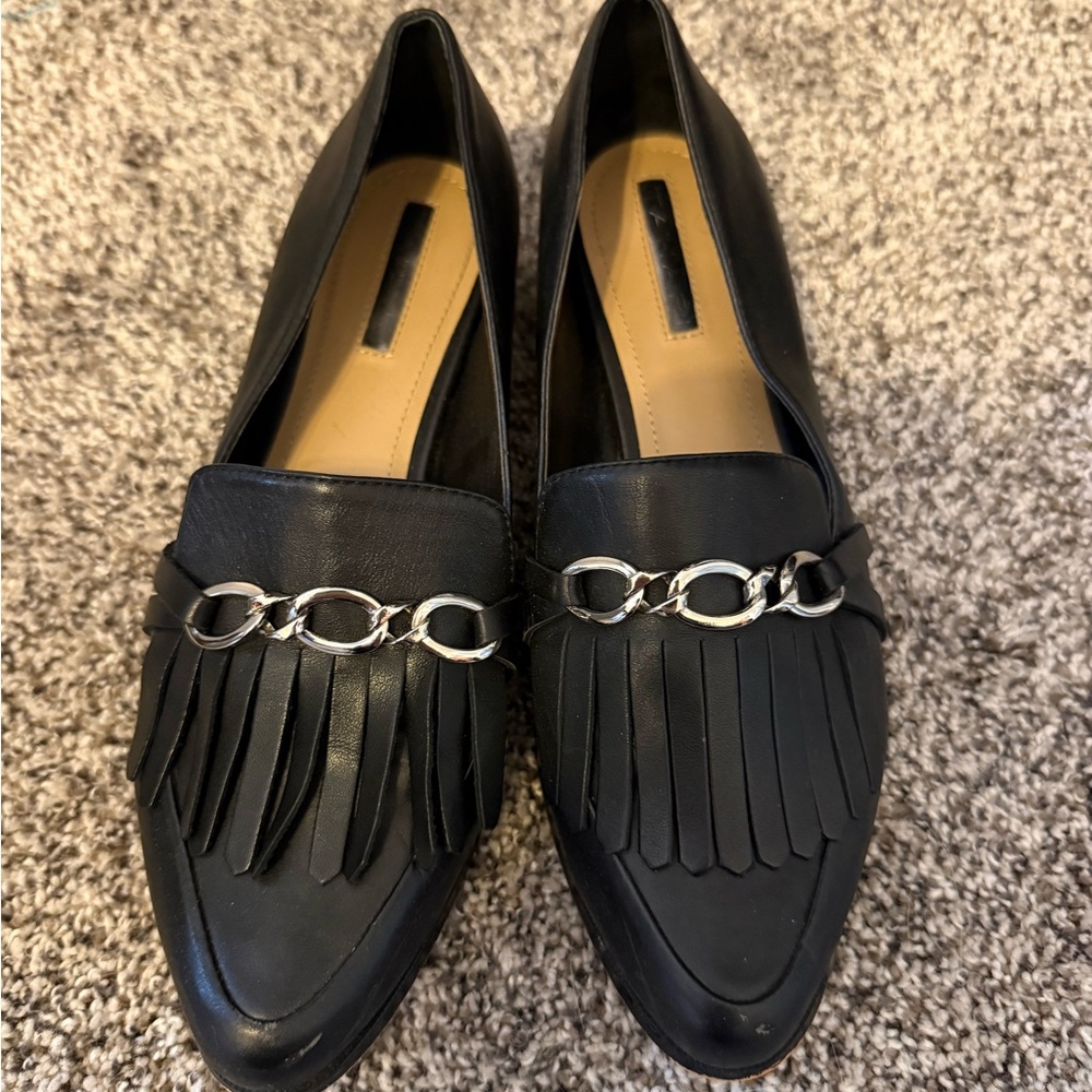 Tahari Black Fringe Loafers with Silver Chain Accent